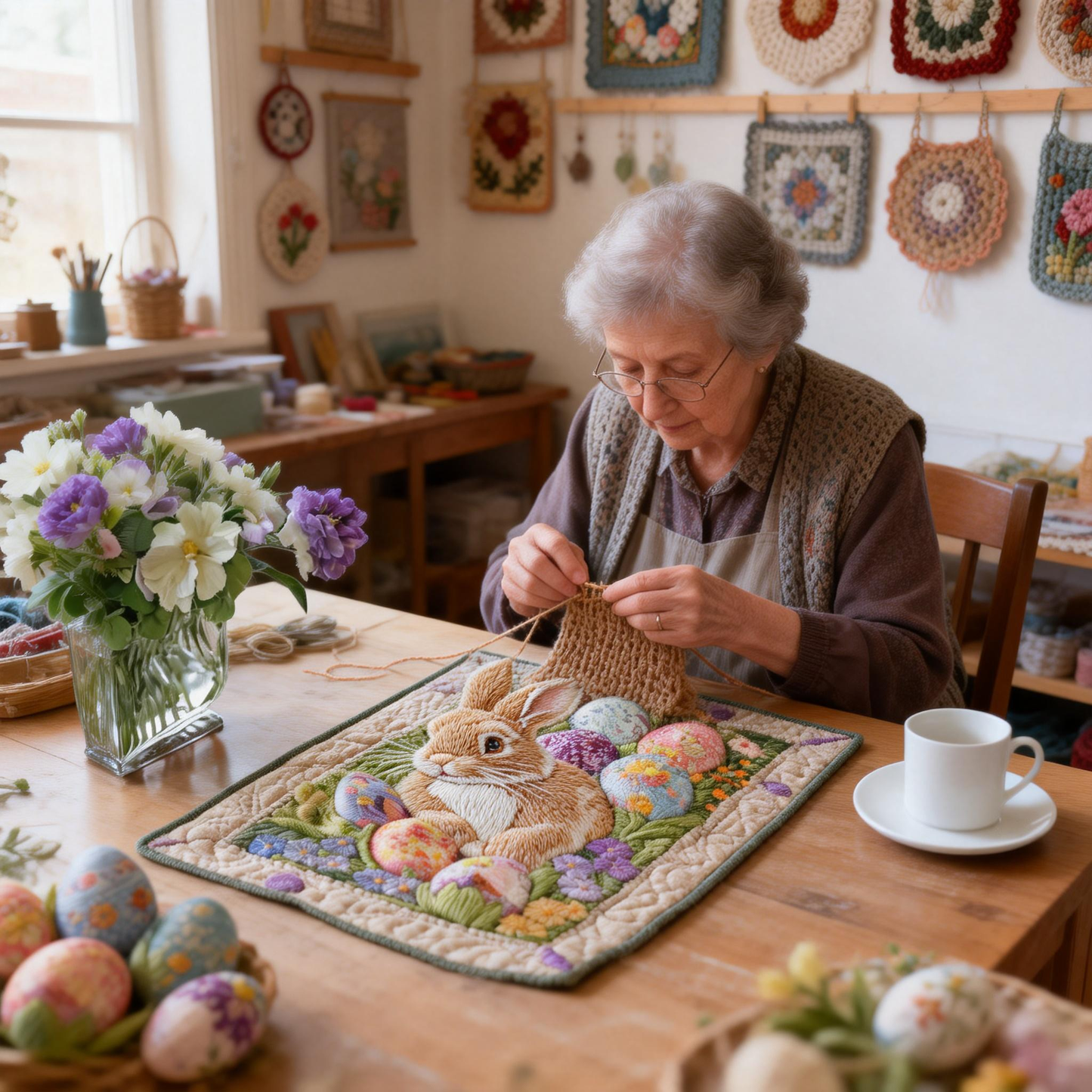[🎉 Exkluzivně pro členy ]Velikonoční radost – Potištěná a prošívaná prostírka 🐰🌸